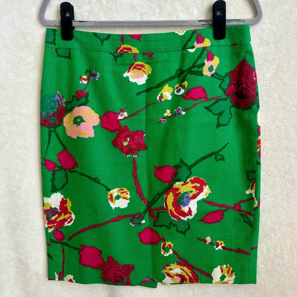 J. Crew Green Floral Cotton Blend Pencil Skirt Pink Yellow‎ Roses Size 6